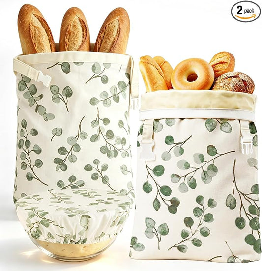 Beeswax Bread Bags 2 Pack Reusable Sourdough for Homemade, Large Washable Cotton Linen Food Storage with Removable Wax Liner, Plastic Free 17x13 Inch (Green Leaf)