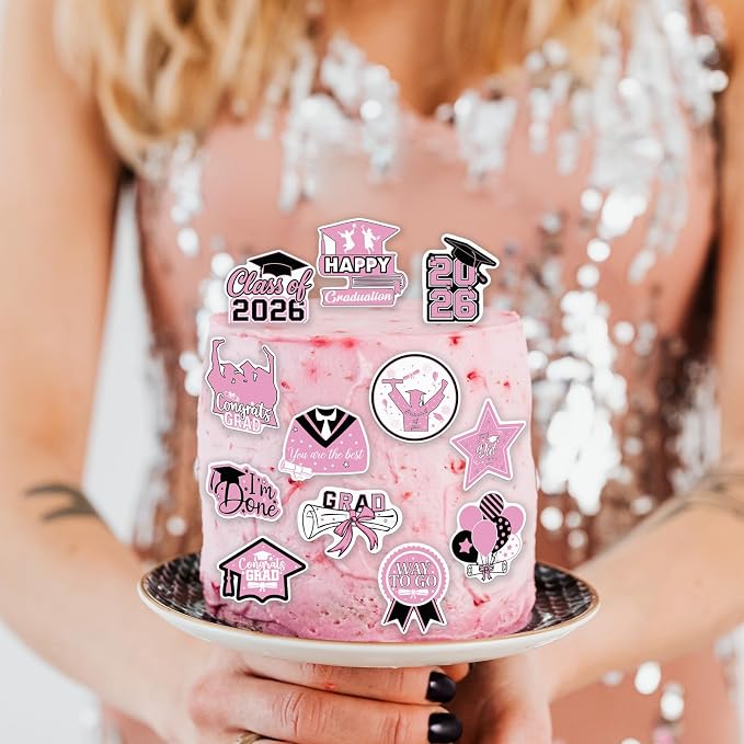 48pcs Edible 2026 Graduation Cupcake Toppers Wafer Paper Pink Class of 2026 Cake Decorations Edible Congrats Grad Cupcake Picks for 2026 Graduation Theme Party Cake Supplies