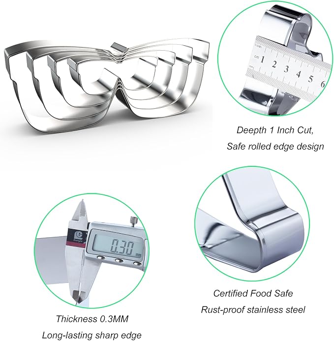Glasses Sunglasses Cookie Cutter Set for Baking, 5/4/3/2 inch, 4 Piece, Stainless Steel