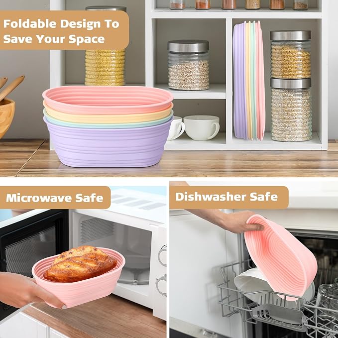 Honeydak 8 Pcs Silicone Bread Proofing Baskets Oval Banneton Basket 10 Inch Collapsible Sourdough Bread Baking Supplies Non-stick Dough Proofing Bowls Containers Oven Safe for Breads Making