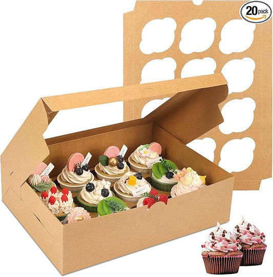Moretoes 20 Sets Cupcake Boxes, 12 Count Cupcake Containers with Window, for Birthday Holiday Party Wedding Bakery Supplies,13 x 10 x 3.5 Inches