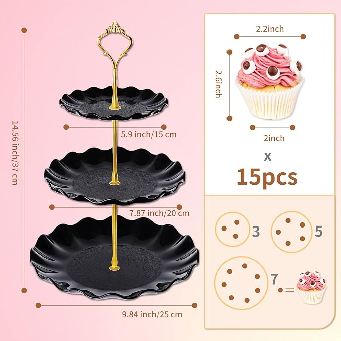BACUTHY 3 Tier Cupcake Stand Holder, Plastic Cup Cake Tower Stand with Tiered Serving Tray for Dessert Display, Cupcakes, Donuts, Macaron and Fruits,Black
