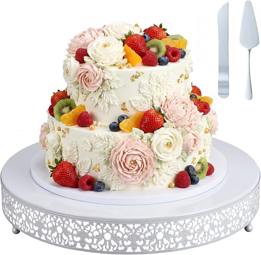 Wenqik 16 Inch White Cake Stand Set Metal Round Cupcake Dessert Stand with Cake Cutting, Spatula Wedding Cupcake Pastry Display Candy Holder Display for Wedding Party Birthday Baby Shower(Classic)