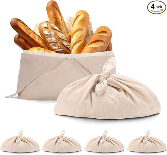 4 Pack Beeswax Bread Bags, Striped Linen Bento Bags, 14" Cotton Loaf Bag, Reusable Organic Food Storage, Sourdough Bag, Rustic Farmhouse Azuma Bukuro Origami Wrap for Baked Gifts (Natural Color, 4)
