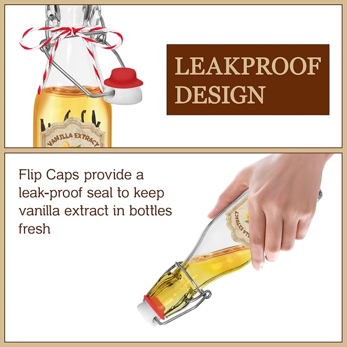 10 Pack Swing Top Glass Vanilla Extract Bottles 8 oz with Lids, Vanilla Extract Labels and Funnel, Glass Boston Bottles for Syrup Gift, Flip Top Jars