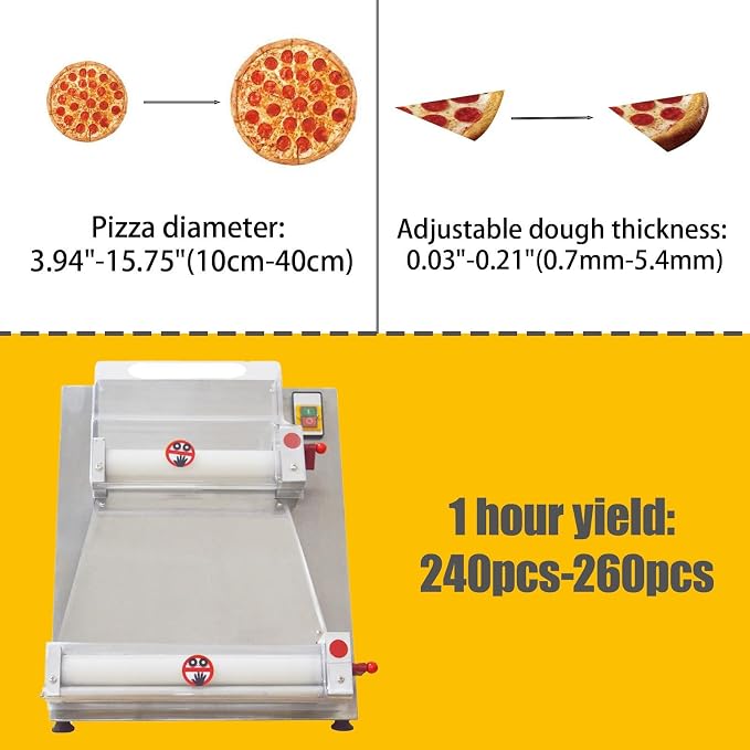 110V Commercial Automatic Pizza Dough Press Machine Adjustable Thickness 370W Electric Pizza Dough Roller Sheeter 4-15.7” Stainless Steel