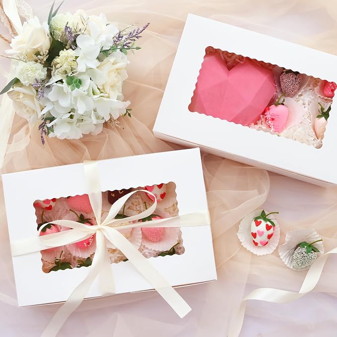 TOMNK 7pcs Cookie Boxes, 12x8x2.5 Inches White Bakery Boxes with 3 Style Window for Chocolate Strawberries, Breakable Heart, Pastries, Desserts, Cake Pops & Treats, Great Gift for Mom