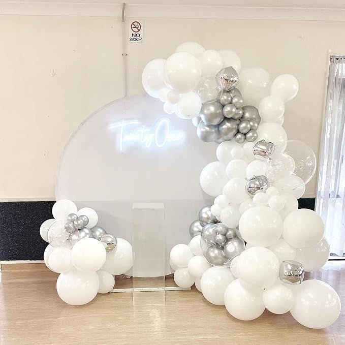 Silver and White Balloon Garland Kit, Metallic Silver White Balloon Arch Kit, Helium Latex Balloons Different Sizes 18/12/10/5 Inch for Wedding Birthday Baby Shower Anniversary Party Decorations
