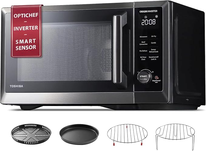 TOSHIBA OptiChef Classic All-in-One Countertop Microwave Air Fryer Combo for Small Kitchens 1.0 Cu.Ft 1000W–Origin Inverter Tech & Humidity Sensor, Convection & Broil Combi, Black Stainless Steel