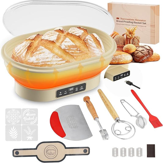 Banneton Bread Proofing Basket Set, 10" Oval Bread Baking Supplies, Silicone Foldable Sourdough Starter Warmer, Precise Thermostat Control 77-122°F. 6H Timer, Starter Baking Kit Gift