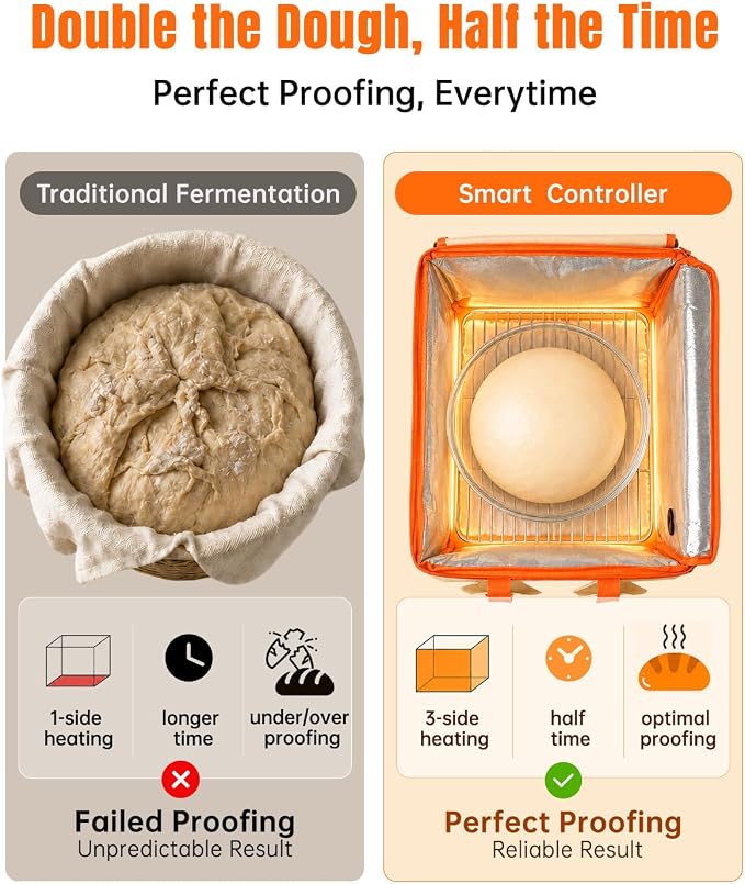 Foldable Bread Proofing Box with Temp Control, 3 Side Pockets &Front Window | Bread Proofer with Handle, 50-113°F Control, 15-Preset 0-48H Timer for Sourdough Proofing Box, Pizza Dough, Yogurt & Kombucha