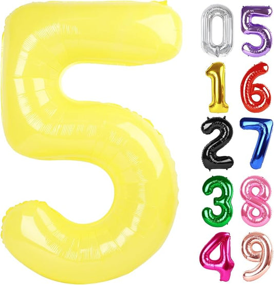 Yellow Number 5 Balloon 40 Inch, 5th Birthday Party Decorations for Children, Giant 5 Foil Balloon for Party Supplies