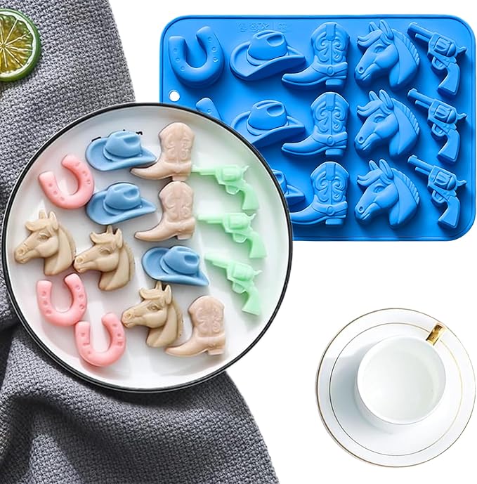 2PCS Cowboy Chocolate Molds Silicone, Western Theme Mold Set for Candy Making, Cake Decorations, Candle & Resin Crafts – Includes Cowboy Hat, Boot, Horse, Saddle (Heat-Resistant, Dishwasher Safe)