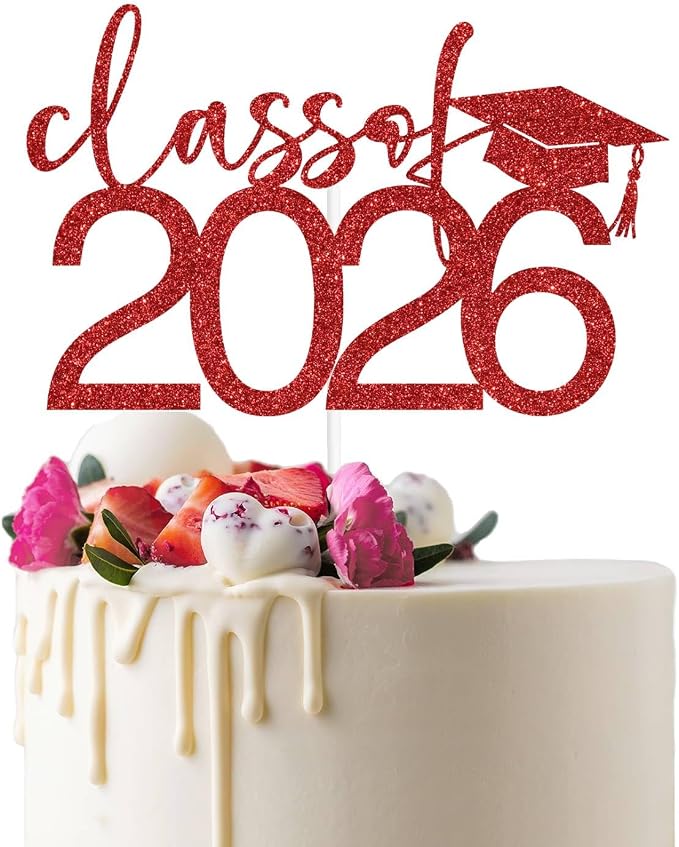 Class of 2026 Cake Topper, Congrats 2026 Cake Décor, Congrats Grad, Happy Graduation, High School/Senior/University Graduation Party Decorations Red Glitter