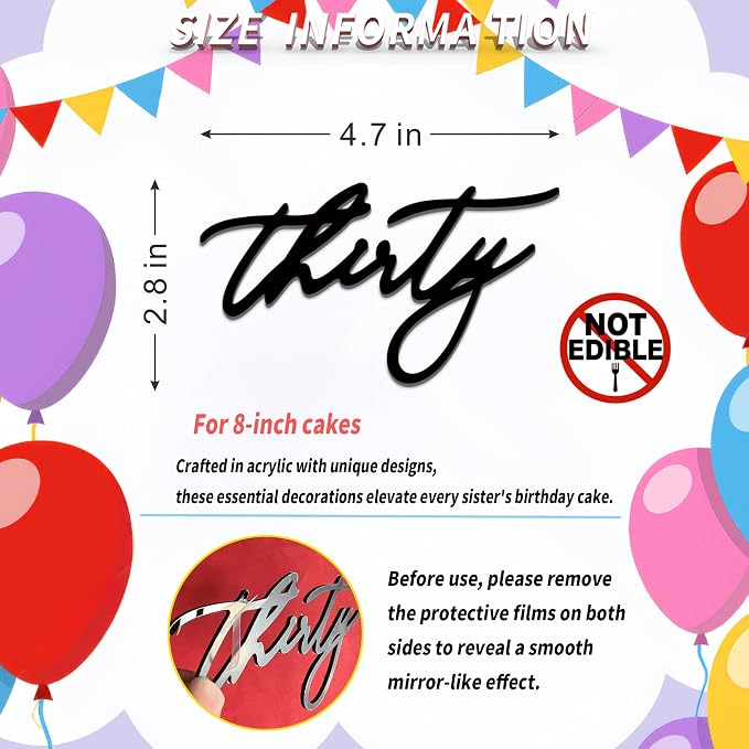 30th Birthday Cake Topper – Acrylic "Thirty" Cake Charm for Milestone Birthday, Dirty 30 Party Decorations for Him & Her (Thirty)
