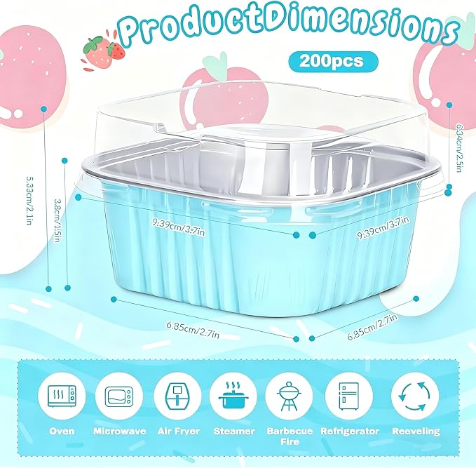 200Pack 5oz Blue Mini Cake Pans with Lids Baking Cups Aluminum Foil Pans Tins, Individual Dessert Cups Containers for Sales,Party,Picnics
