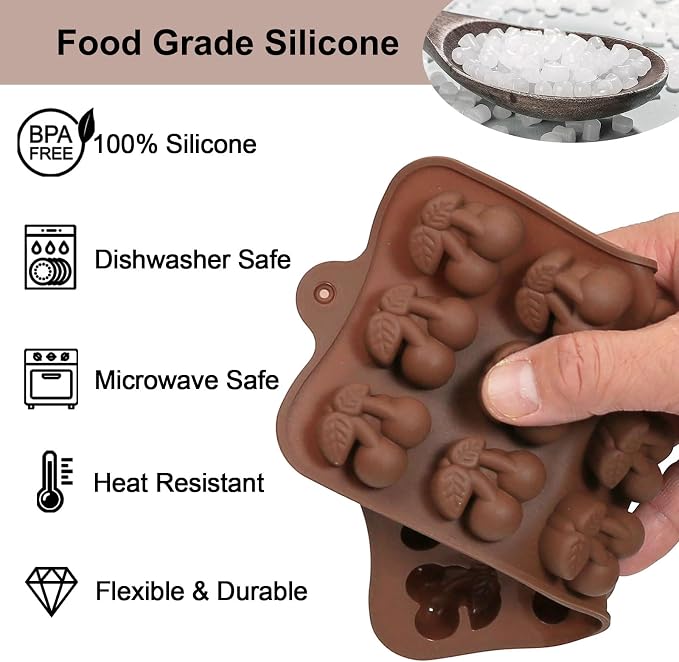 Mini Cherry Chocolate Molds, 2 Pcs Silicone Molds with Cherry Shape for Making Chocolate/Candy/Gummy/Jelly, Food Grade Candy Mold with 15 Cavities Mini Cherries for Fruit Snacks