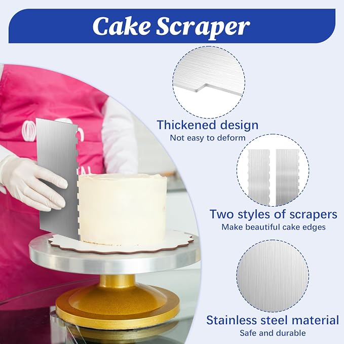 2 Pcs Stainless Steel Cake Scraper, 8.6-inch Double Sided Patterned Edge Stripe Edge Smoother Scraper, Cake Decorating Comb Metal Cake Scraper for Butter Mousse Cream Decoration