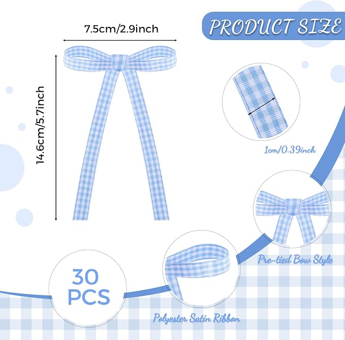 30 Pack Bow Cake Toppers Blue Gingham Ribbons Bows for Cake Bow Cupcake Toppers Blue Gingham Bow Birthday Decorations for Baby Shower Birthday Wedding Party Supplies