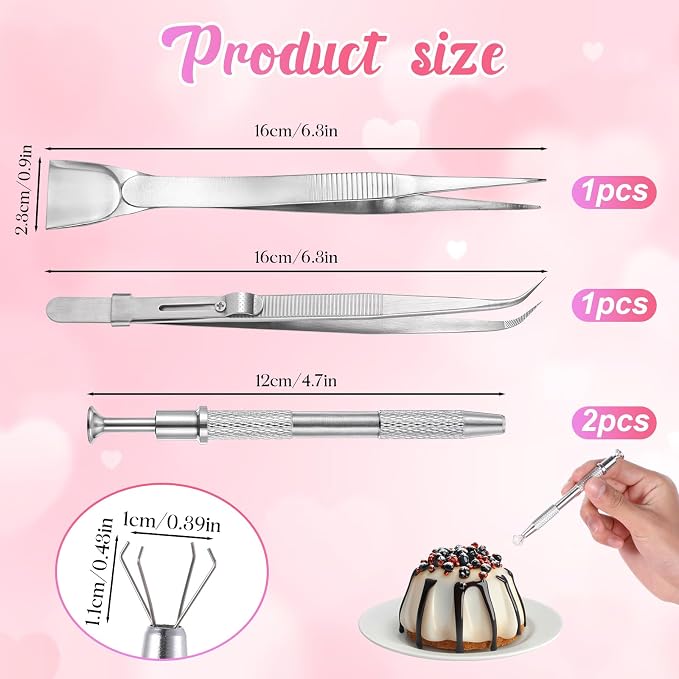 4Pcs Cake Decorating Sprinkles Tools Set, 4 Claw Sprinkle Pen Pearl Grabber Sugar Bead Pick-up Tool Stainless Steel Cake Tweezers Pearl Sprinkle Spoon with Shovel for Cake Ice Cream Baking