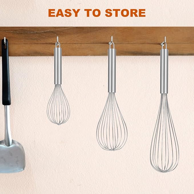 Metal Whisks for Cooking Stainless Steel Whisk Set 3 Pack Wisking Tool Balloon Wisk 8" 10" 12" Wire Whisk for Baking, Whisking, Mixing, Blending