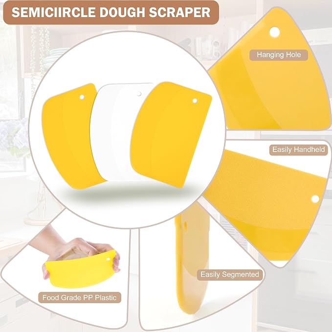 5 Pcs Bench Scraper, Bench Scraper Kitchen 2 Pcs Stainless Steel Dough Scraper with Wood Handle and 3 Pcs PP Food Scraper with Hanging Hole, Multipurpose Bread Dough Cutter for Baking-Yellow