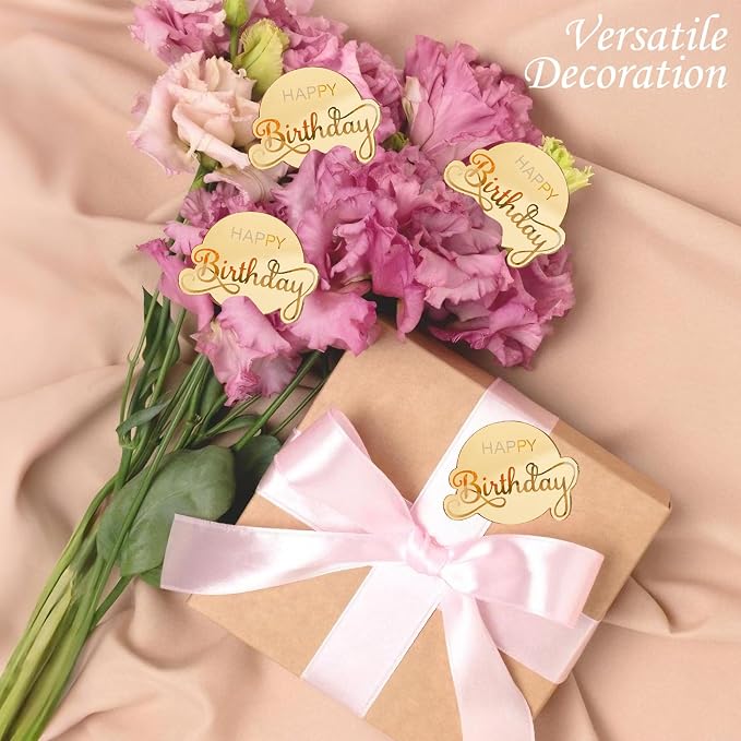 20 Pcs Mirror Acrylic Happy Birthday Cupcake Toppers Gold Happy Birthday Cake Topper Engraved Cake Picks for DIY Birthday Gift Flower Bouquet Pastries Desserts Decor