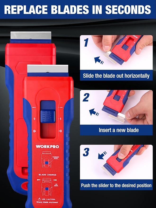 WORKPRO 2-Pack Retractable Razor Blade Scraper with 62 Blades, Built-in Storage Cleaning Scraper Tool for Paint Stickers Adhesive Glass Ceramic Wood