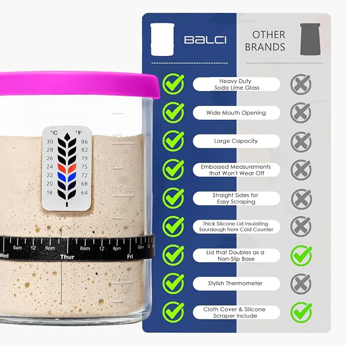 Premium Sourdough Starter Jar - 40oz Large Sourdough Jar with Marked Feeding Band, Scraper, Cloth Cover and Silicone Lid/Base, Wide Mouth Starter Kit - Pink