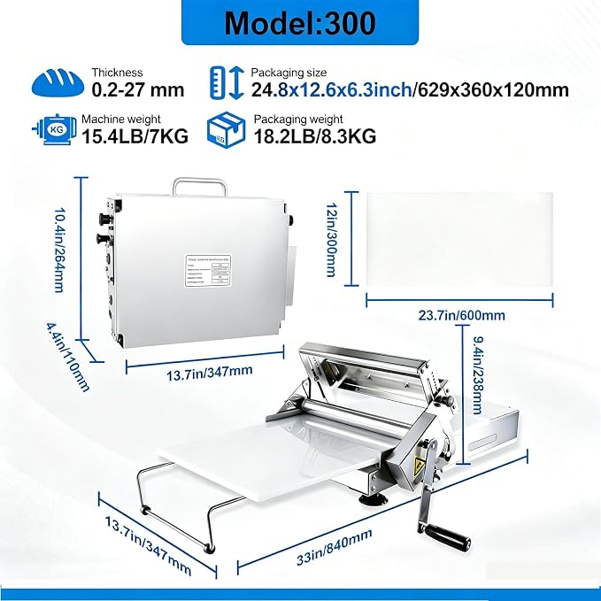 12" Folding Dough Sheeter,Manual Stainless Steel Dough Machine,dough sheeter machine for home,(ith Sheeter Board) Thickness Adjustable，Suitable for home and commercial use
