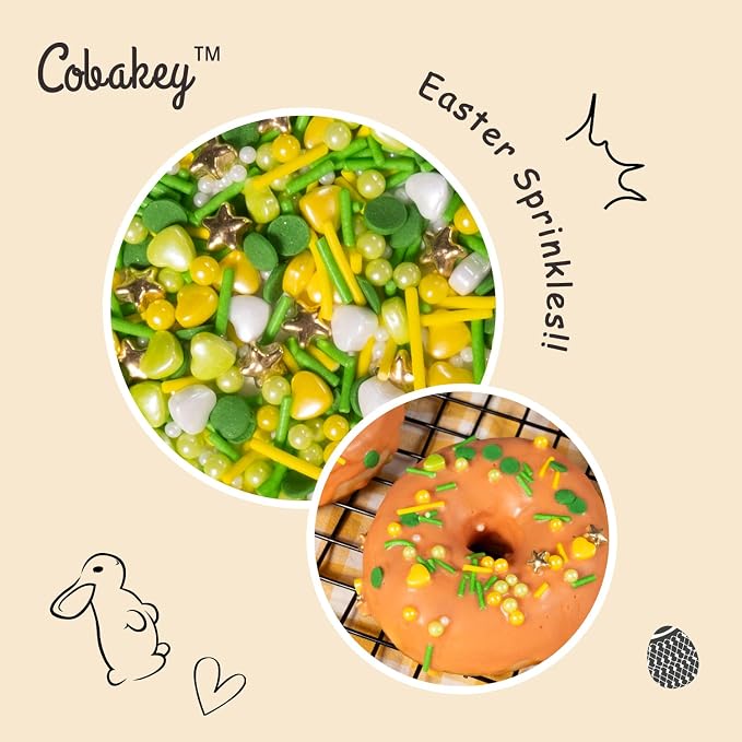 Cobakey Spring Sprinkles for Cookies 4.23 Ounce Green Sprinkles for Baking Gold Star Edible Heart Perfect for Easter Cake Decorations, Baking, Ice Cream, Cookies, Cupcake Topper