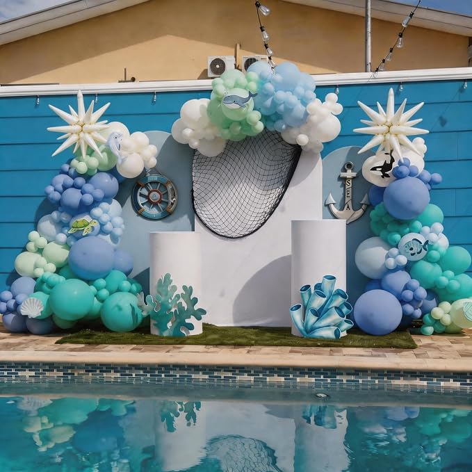 Under the Sea Balloon Arch Garland Kit with Dusty Blue Pastel Green Sand White Star Foil Balloon for Ocean Themed Birthday Baby Shower Party Decorations