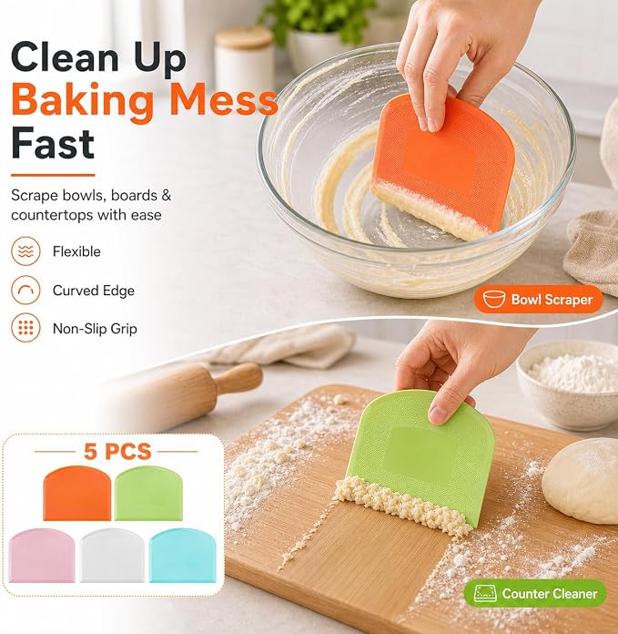 Flexible Dough Scraper & Cutter Set, 5-Piece Bench & Bowl Scrapers | Flexible Plastic, Bench and Bowl Scrapers, Curved Edge, Textured Grip, For Sourdough, Pizza, Fondant, Pastry and Cake Icing