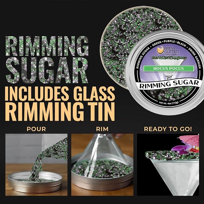 Brew Glitter - Hocus Pocus Mix - Green, Purple & Black Rimming Sugar (4oz, 1x Bar Tin) Halloween Cocktail Garnish for Mixed Drinks & Refreshments