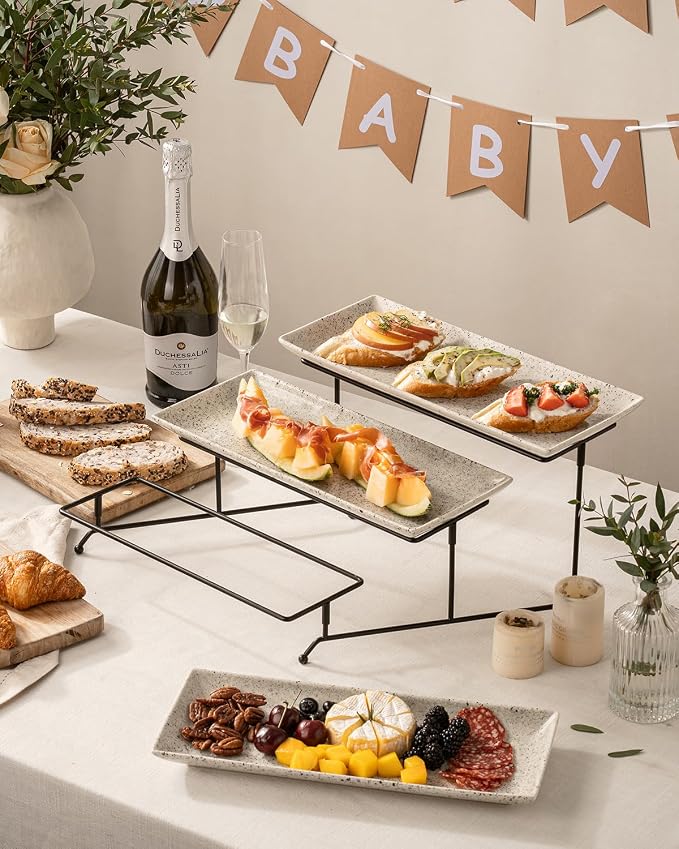 LAUCHUH 3 Tier Serving Trays for Party, 14 inch Porcelain Tiered Tray Stand Serving Platter with Collapsible Sturdier Rack Serving Dishes for Father's Day Entertaining, Speckled Glaze