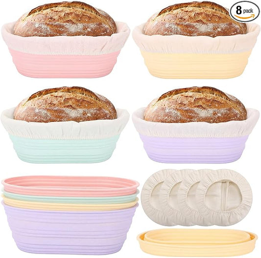 Honeydak 4 Pcs Silicone Bread Proofing Baskets Oval Banneton Basket with Liner 10 Inch Collapsible Sourdough Bread Baking Supplies Non-stick Dough Proofing Bowls Containers Oven Safe for Breads Making