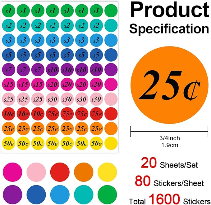 1600 Pcs 3/4 Inch Garage Sale Price Stickers Pre-priced for Flea Markets, County Fairs & Retail, Labelchoice 10 Assorted Colors Round Yard Sale Price Stickers, Strong Adhesive Circle Pricemarker Label