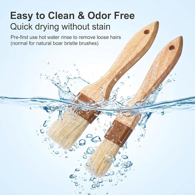 2PCS Pastry Brushs for Baking, Basting Brush for Cookings Natural Boar Bristle Butter Brush for Cooking-Wooden Handle Non-Shedding Food Grade Cooking Brushs for Butter, Oil Baking (0.9 Inch,1.1 Inch)