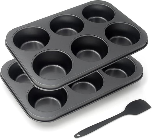 Non-Stick Black Jumbo Muffin Pans, 6-Cup Set of 2 | Carbon Steel, Spatula Included for Extra-Large Muffins & Cupcakes
