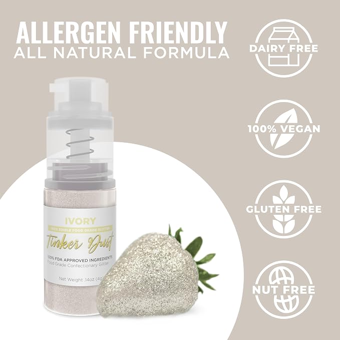Bakell - Ivory Tinker Dust (4g, 1x Mini Spray Pump) Edible Glitter for Food, Desserts, and Baked goods!