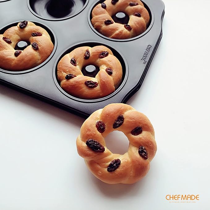 CHEFMADE Donut Pan, Nonstick 6 Cavity Jumbo Ring Doughnut Pan for Baking Cookies Bagel, Set of 2 (Black)