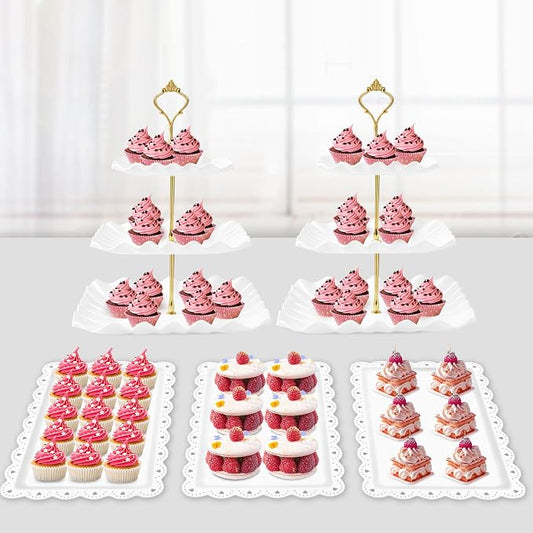 PinCute 5 Pcs Dessert Table Display Set - 2 X Cupcake Stand Holder/Cup Cake Tier Tower & 3 X Serving Tray Combo for Tea Party, Birthday, Baby Shower (Wave Square)