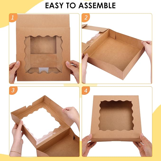TOMNK 30pcs Pie Boxes, 10x10x2.5 Bakery Boxes with Window, Auto-Popup Brown Bakery Boxes for Pies, Cookie Boxes Treat Boxes for Dessert, Donuts, Muffins