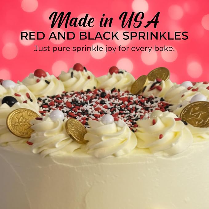 Red White and Black Sprinkles for Cake Decorating and Baking Cupcakes - Fancy Edible Red Sprinkles for Cookies with White Black Sprinkle Decorations in Jimmies, Nonpareils, Sugar Pearl with Star Quins