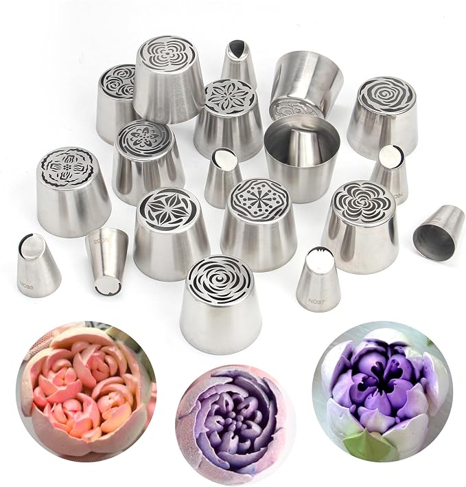 22-Piece Extra Large Russian Icing Nozzle Set, Stainless Steel Rose Tulip Cake Decorating Tips, Includes 12 Jumbo Nozzles, 8 Large Nozzles, and 2 Brushes, Kitchen Baking Tool