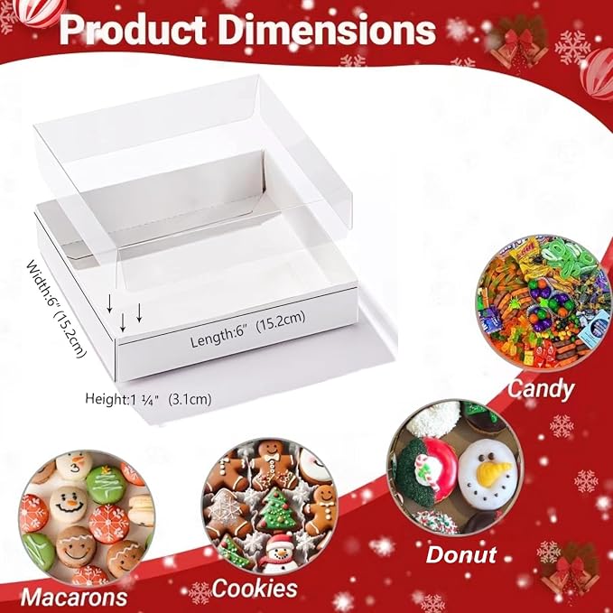 6x6x1.25Inches 50PCS Treat Boxes with Clear display lid for Cookies,Macaron,Cakesicle,Dount,Pastry,Chocolate Covered Ores or More