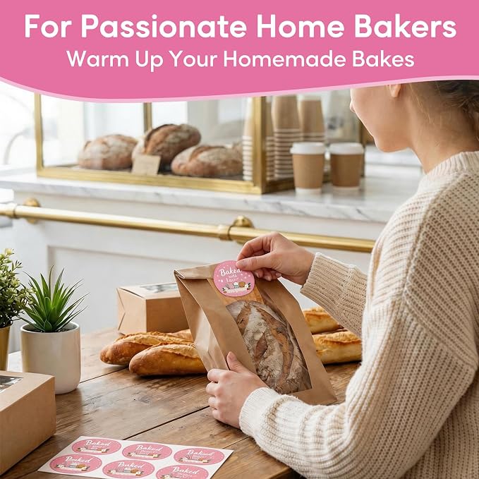 Baked with Love Stickers 120PCS 1.6 Inch Round Baking Labels for Cookies Cupcakes Dessert Table Treat Bags Gift Wrapping Birthday Party Candy Bags Homemade Packaging Small Business (Pink)