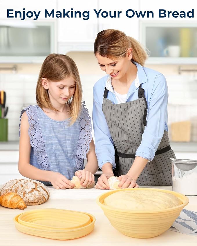 Lorzon Silicone Banneton Bread Proofing Baskets Set of 2, 9" Round & 10" Oval Foldable Sourdough Proofing Baskets, Silicone Proofing Bowls for Sourdough Bread, Easy to Clean and Store