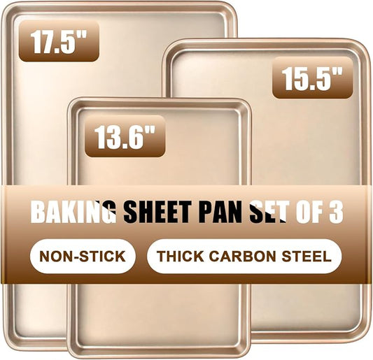 Baking Sheet Pan Set of 3, Commercial Cookie Sheets for Baking, Nonstick Half/Quarter/Jelly Roll Pans Replacement Toaster Oven Tray, Heavy Duty & Easy Clean, Champagne Gold
