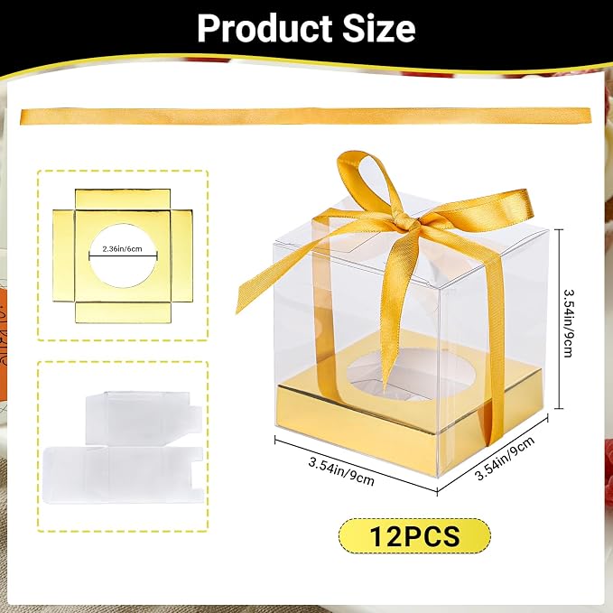 EUSOAR Gold Tall Cupcake Boxes, 12pcs 3.5 Inch Plastic Individual Cupcake Containers, Single Transparent Cup Cake Holder Carrier with Ribbon, Cake Containers with Lids for Wedding Birthday Party Favor